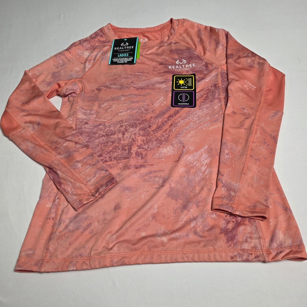 Realtree Fishing Performance Shirt Women Sm Orange Reversible UPF 30 Long Sleeve